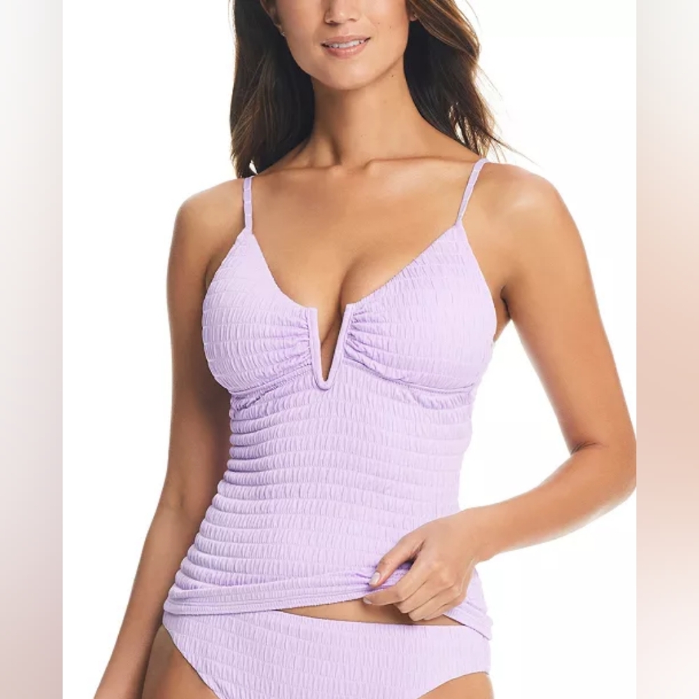 Bar III Women's Pucker Up Plunge Neckline Textured Tankini Top Size M Purple